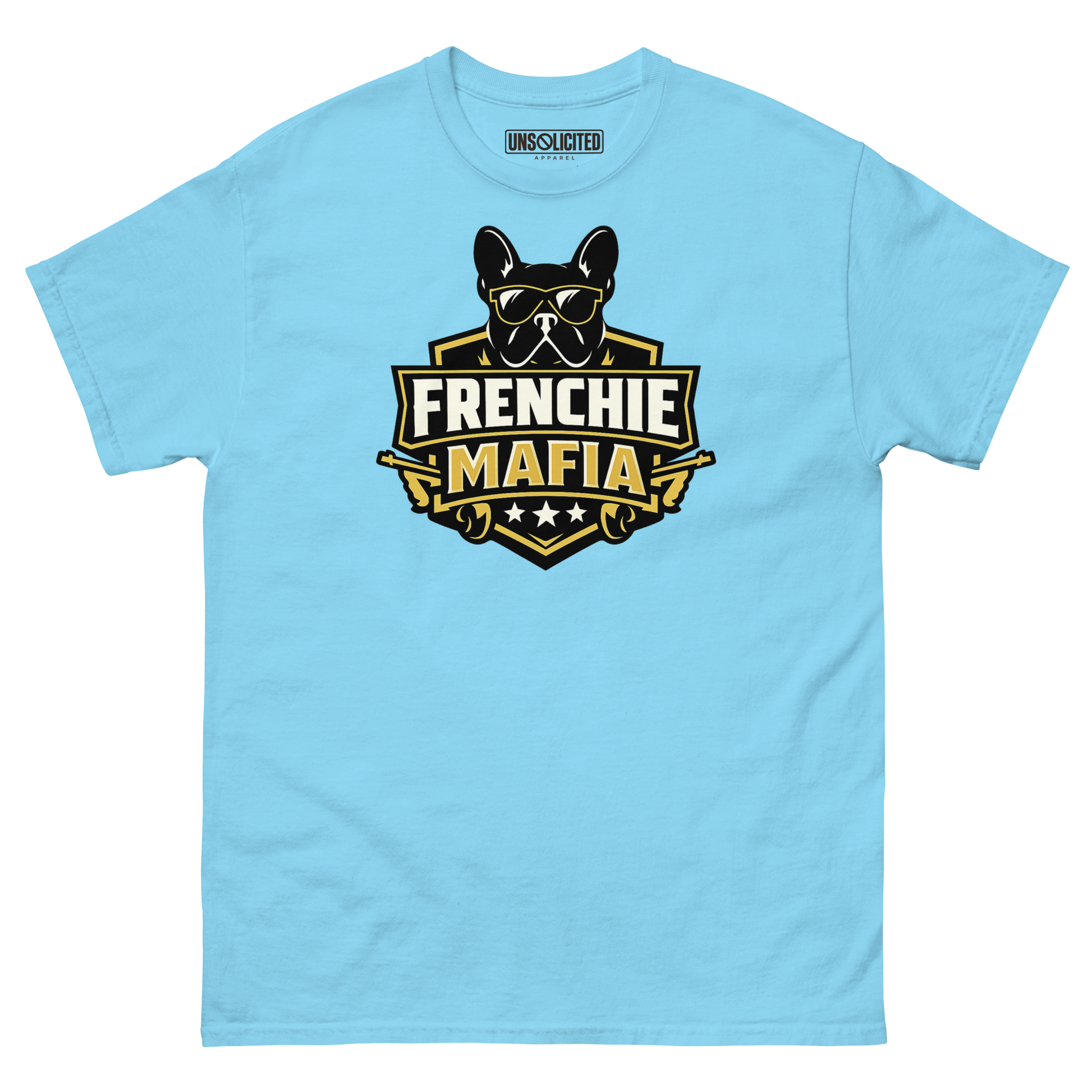 Frenchie Mafia funny French Bulldog shirt in Sky blue, front view