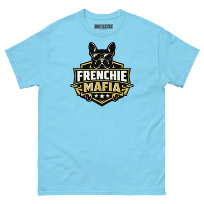Frenchie Mafia funny French Bulldog shirt in Sky blue, front view
