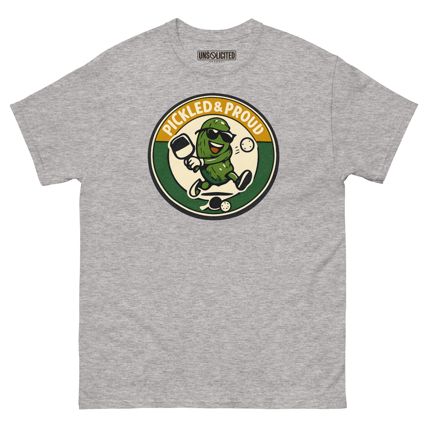 Pickled & Proud retro pickleball shirt in Sport Grey, front view