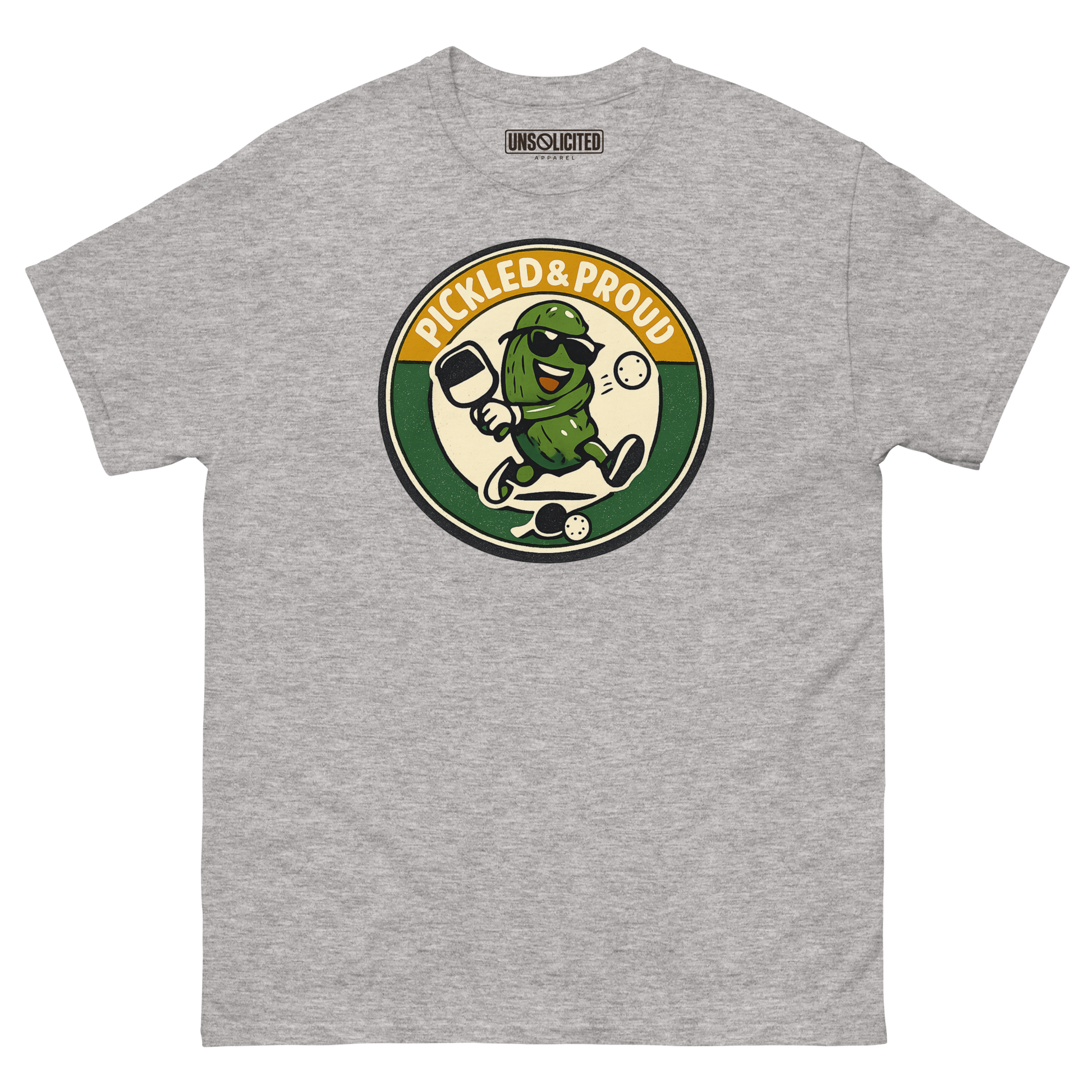 Pickled & Proud retro pickleball shirt in Sport Grey, front view