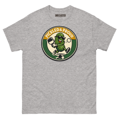 Pickled & Proud retro pickleball shirt in Sport Grey, front view