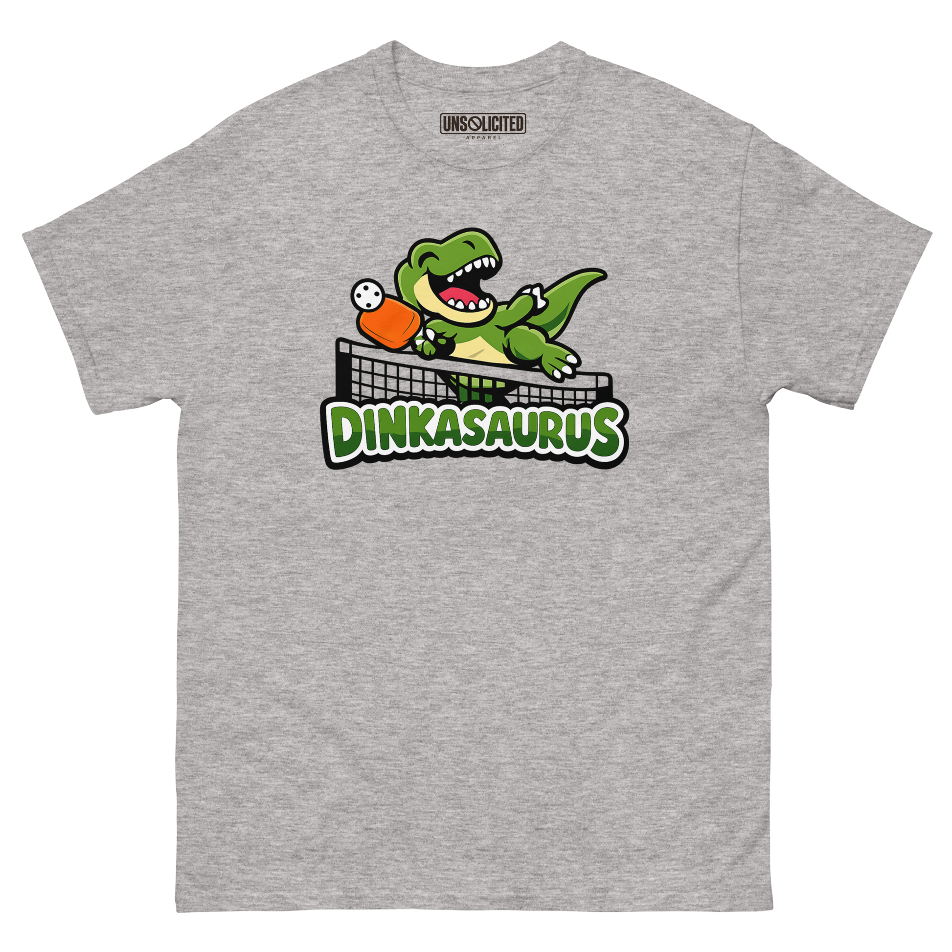Dinkasaurus funny pickleball dinosaur shirt in Sport Grey, front view