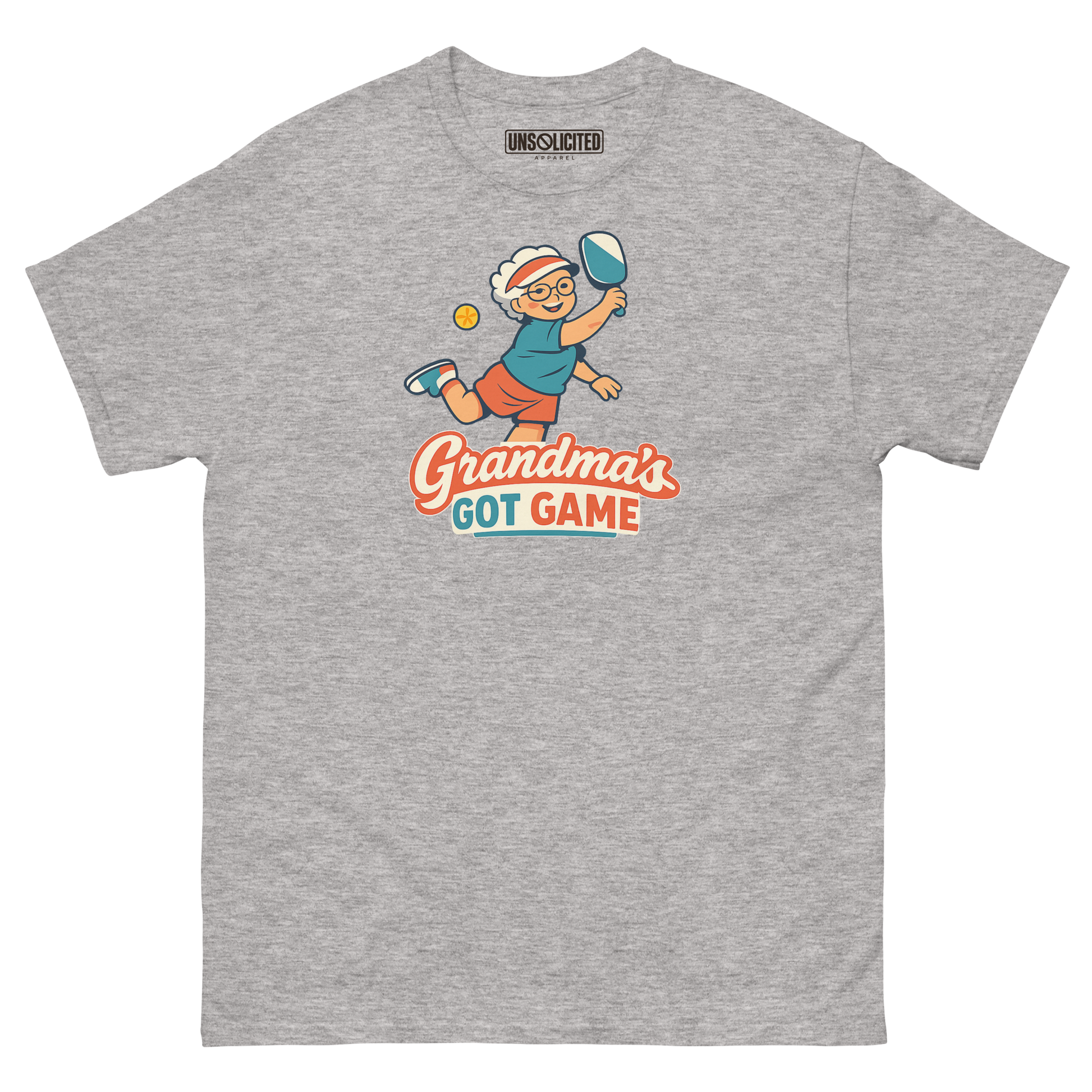 Grandma's Got Game funny pickleball shirt in Sport Grey, front view