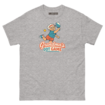 Grandma's Got Game funny pickleball shirt in Sport Grey, front view