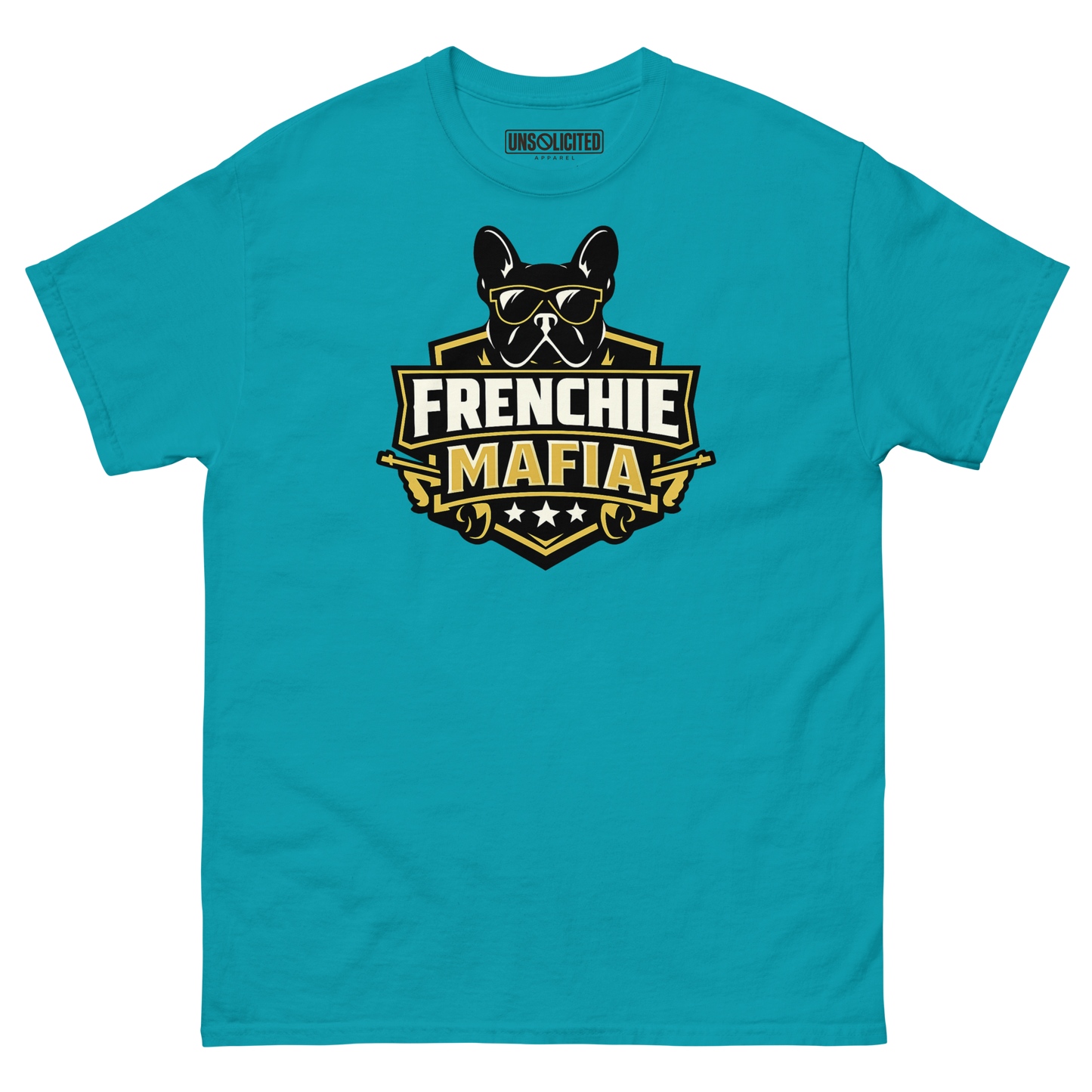 Frenchie Mafia funny French Bulldog shirt in Tropical Blue, front view