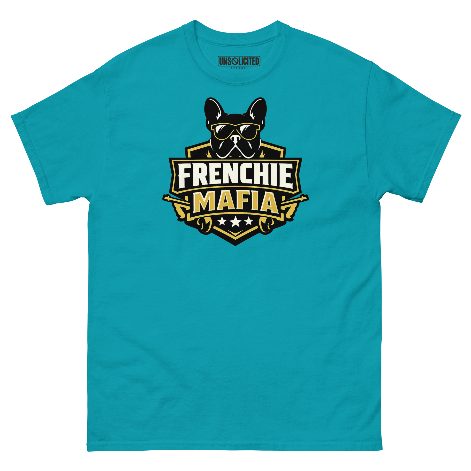Frenchie Mafia funny French Bulldog shirt in Tropical Blue, front view