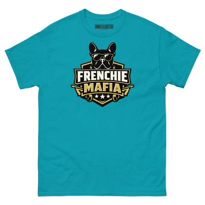 Frenchie Mafia funny French Bulldog shirt in Tropical Blue, front view