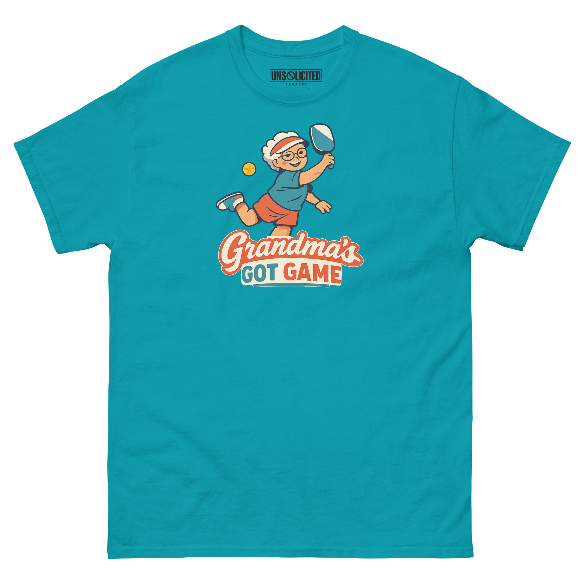 Grandma's Got Game funny pickleball shirt in Tropical Blue, front view