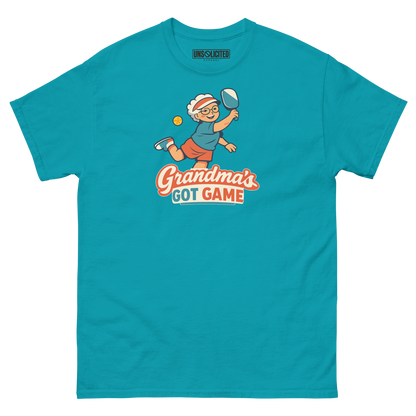 Grandma's Got Game funny pickleball shirt in Tropical Blue, front view