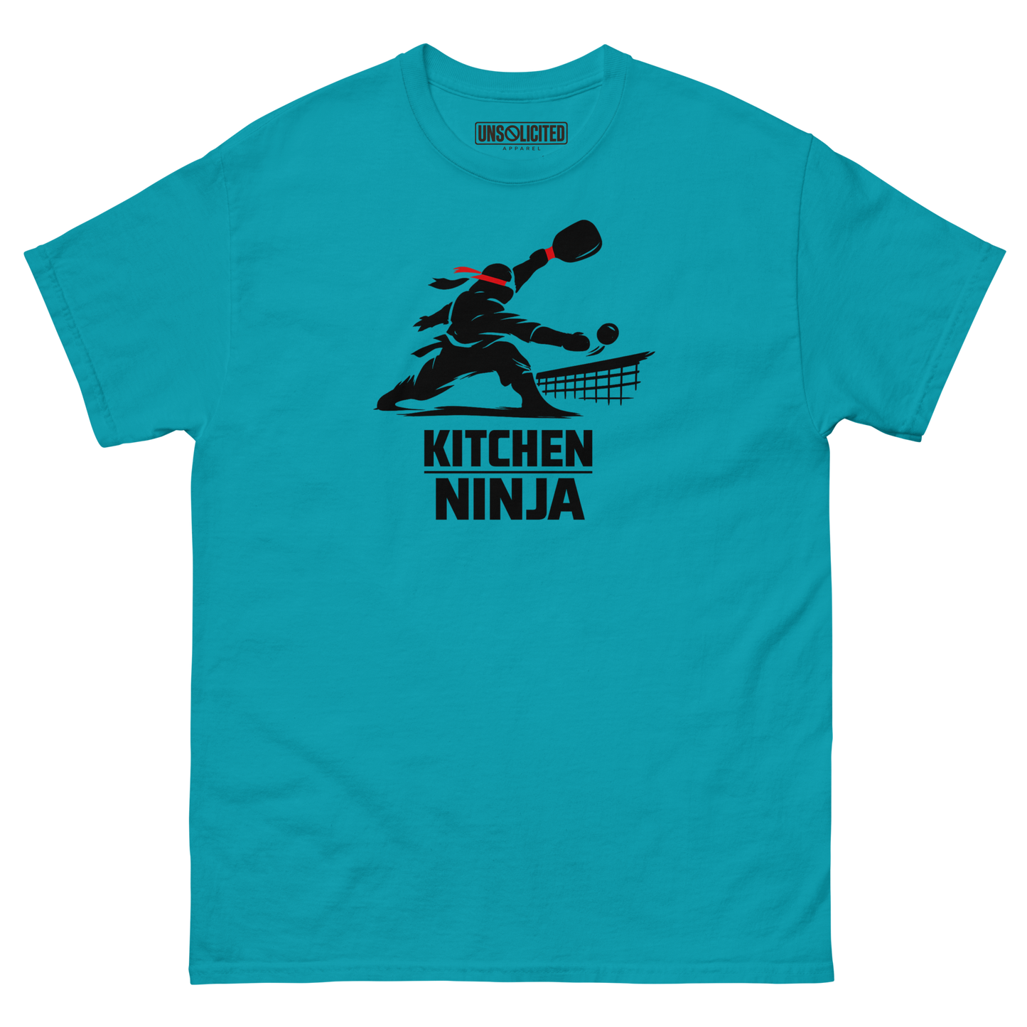 Kitchen Ninja funny pickleball shirt in Tropical Blue, front view