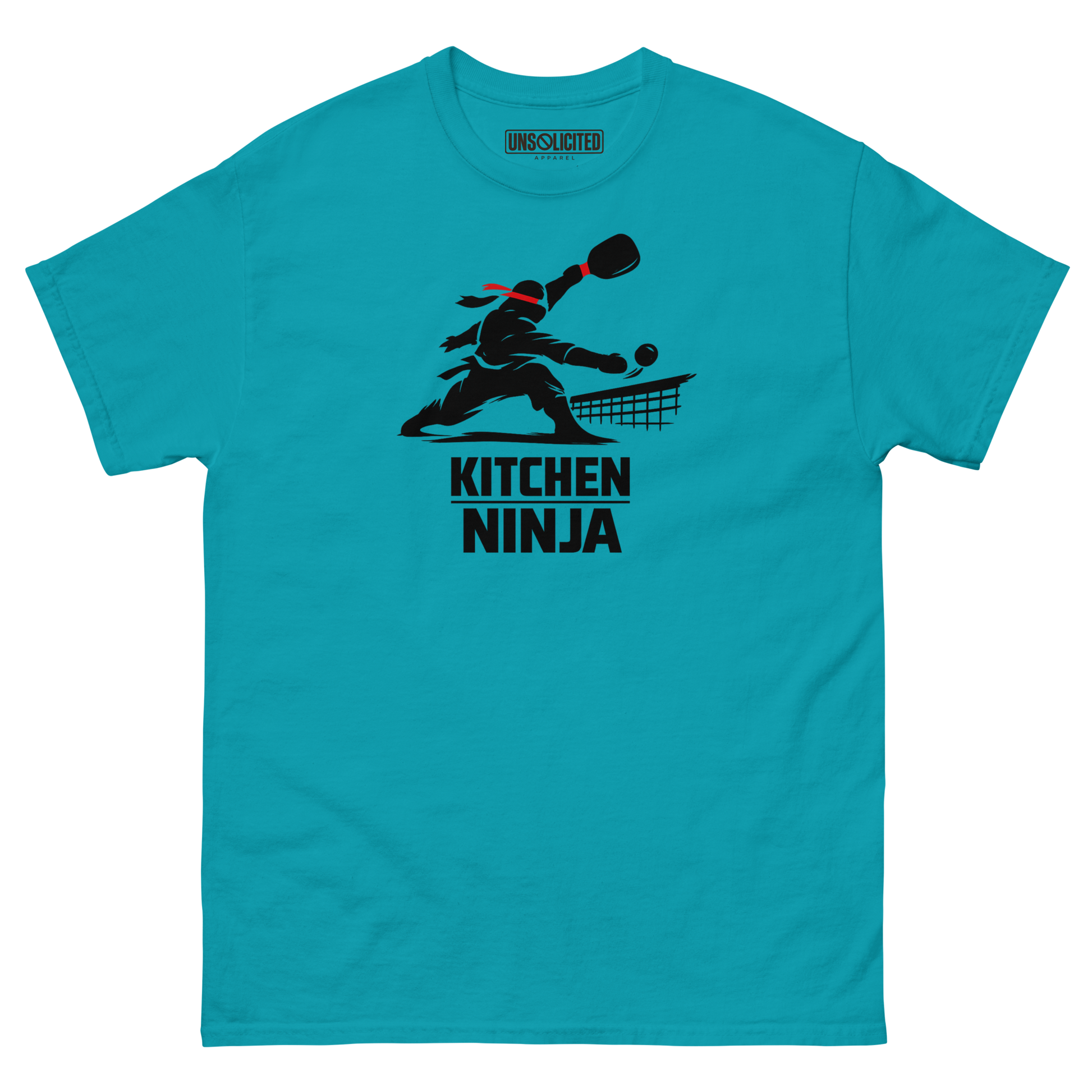 Kitchen Ninja funny pickleball shirt in Tropical Blue, front view