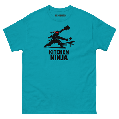 Kitchen Ninja funny pickleball shirt in Tropical Blue, front view