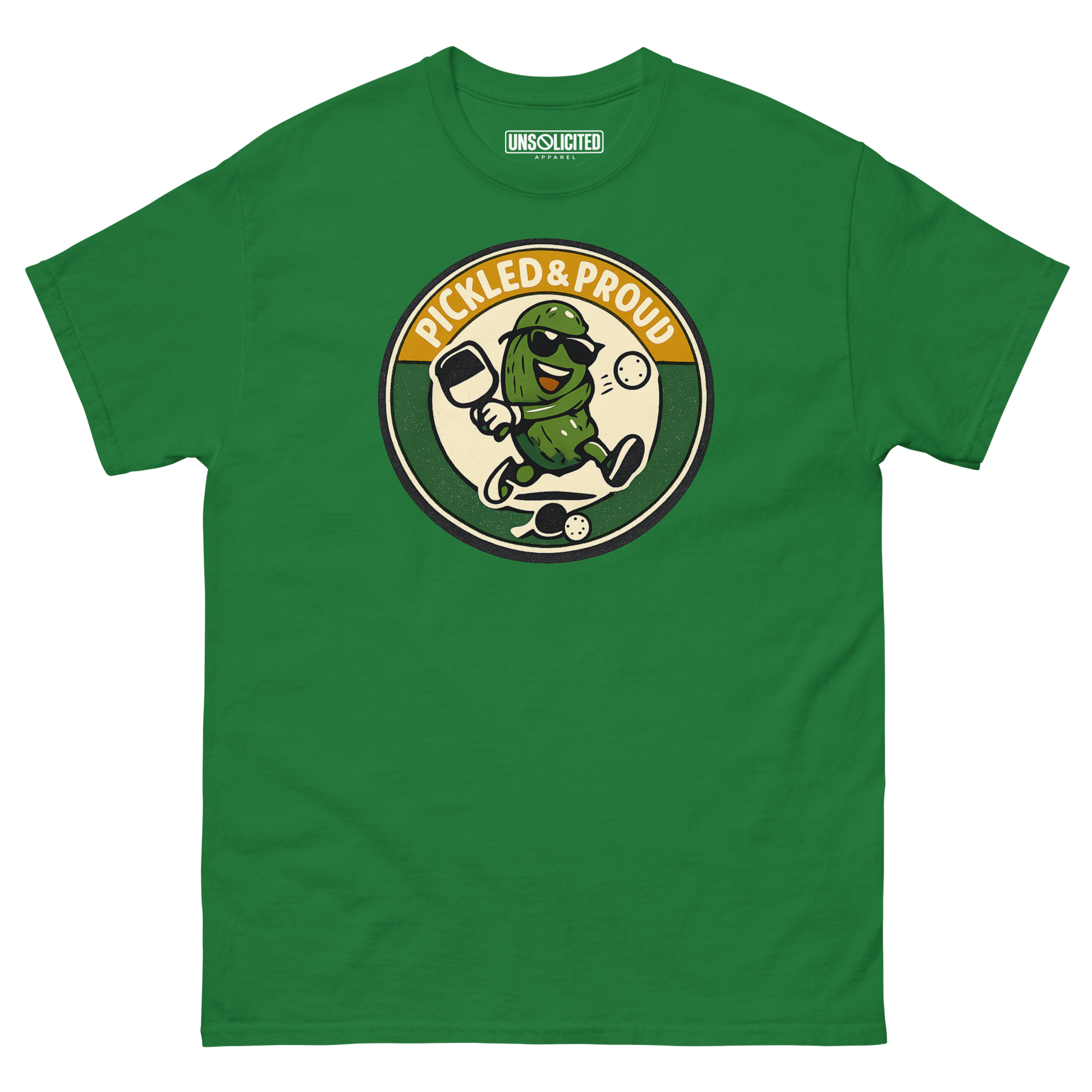 Pickled & Proud retro pickleball shirt in Turf Green, front view