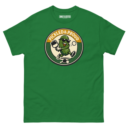 Pickled & Proud retro pickleball shirt in Turf Green, front view