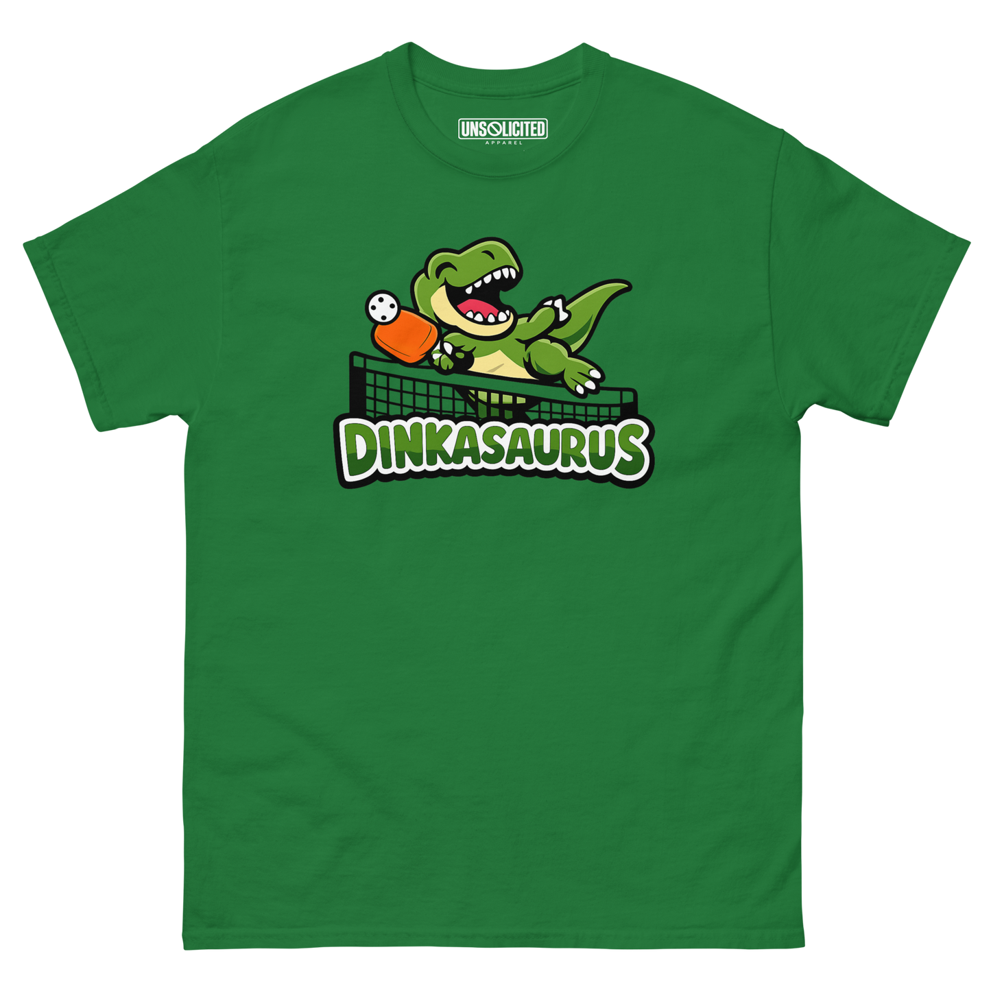 Dinkasaurus funny pickleball dinosaur shirt in Turf Green, front view