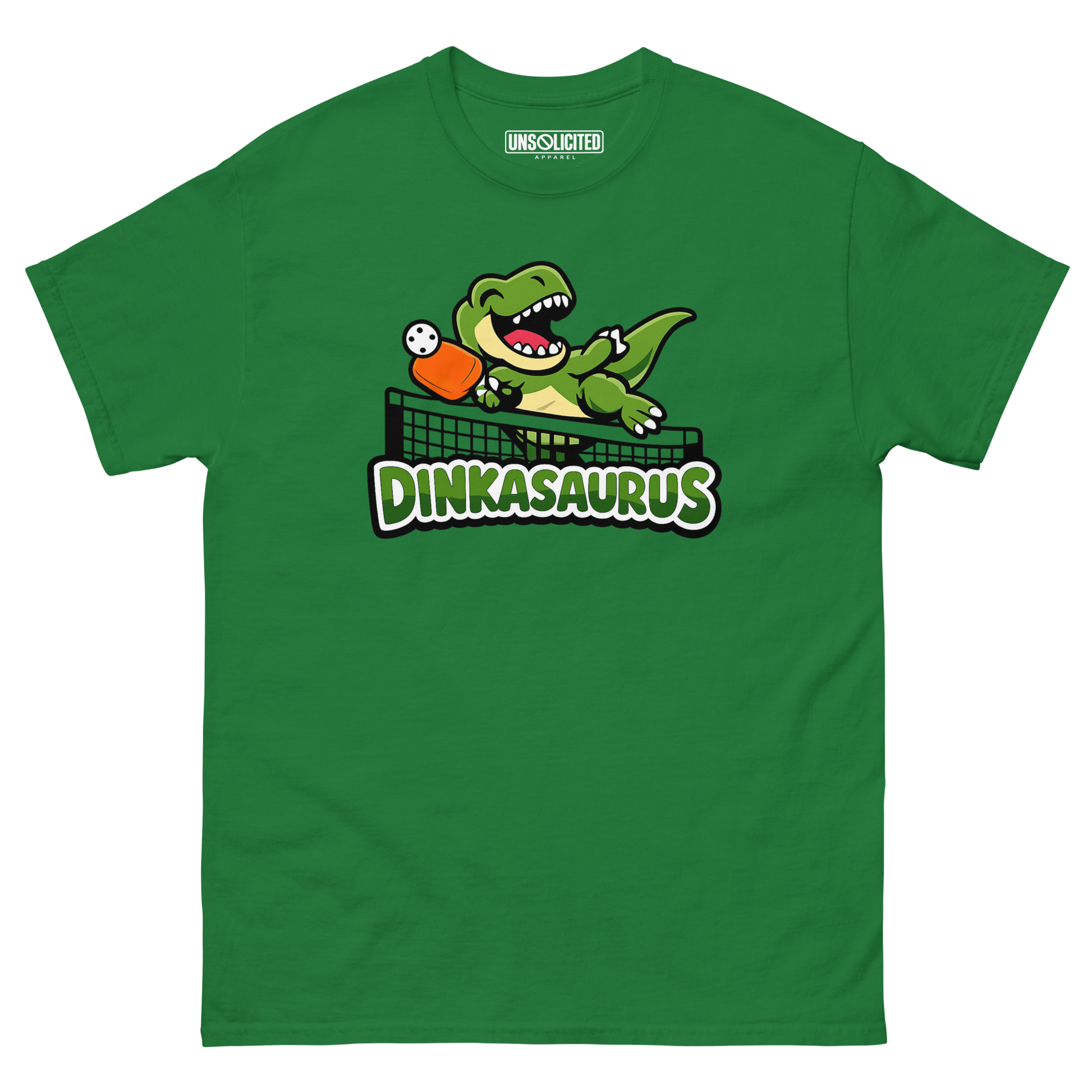 Dinkasaurus funny pickleball dinosaur shirt in Turf Green, front view