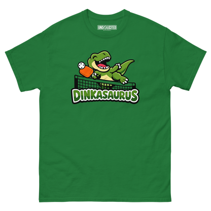 Dinkasaurus funny pickleball dinosaur shirt in Turf Green, front view