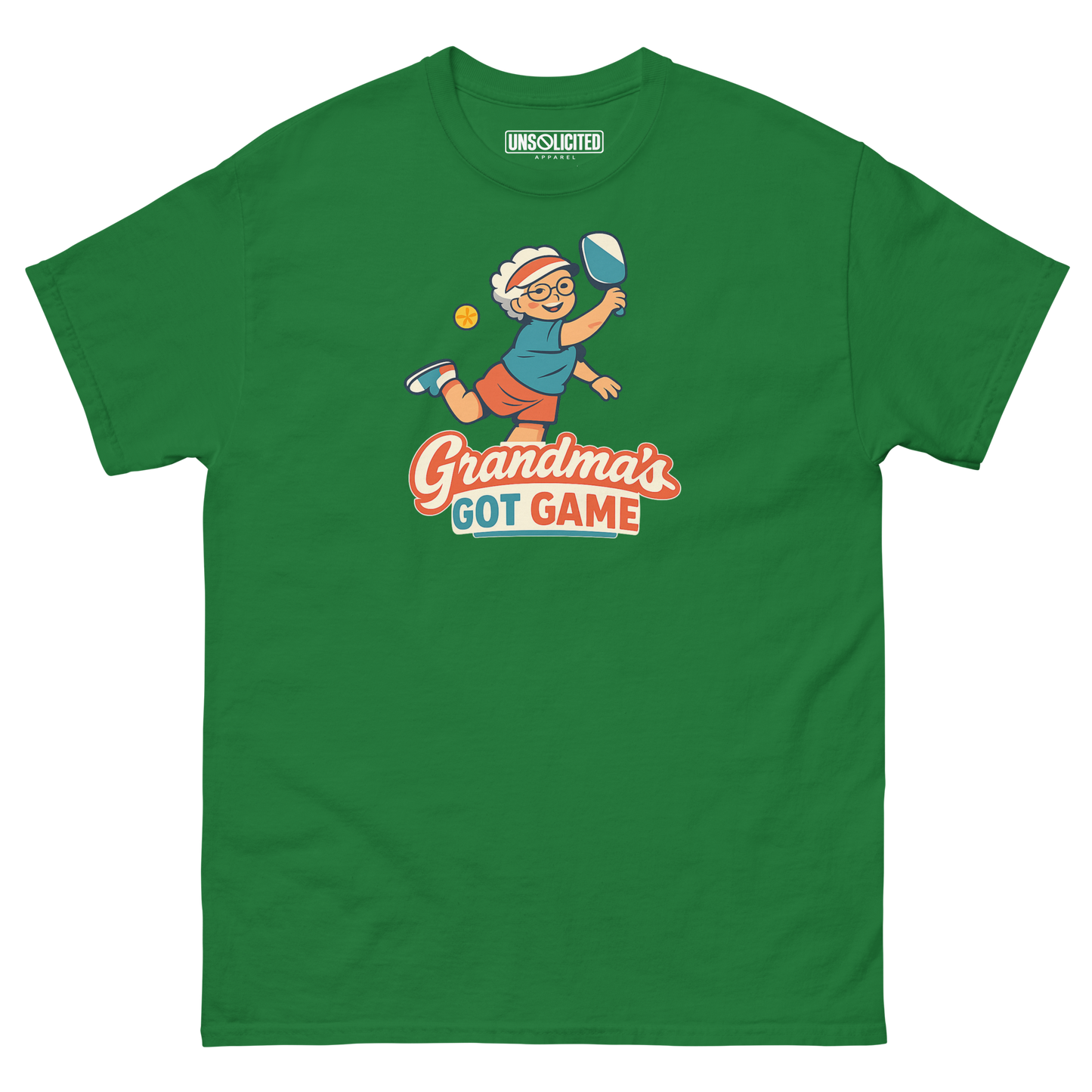 Grandma's Got Game funny pickleball shirt in Turf Green, front view