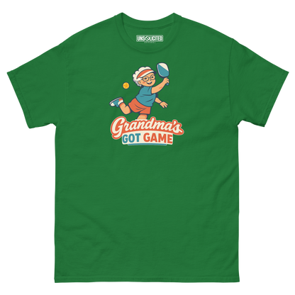 Grandma's Got Game funny pickleball shirt in Turf Green, front view