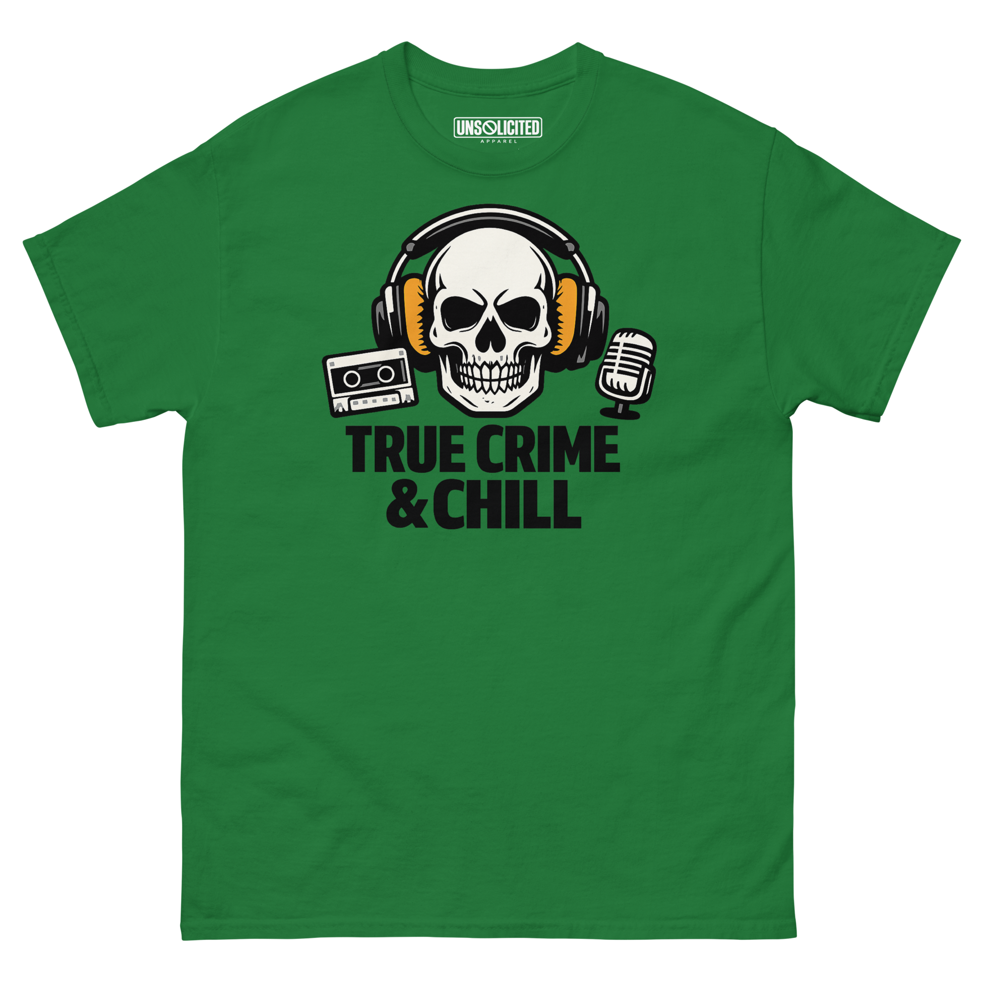 True Crime and Chill funny podcast shirt in turf green, front view