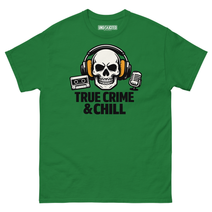 True Crime and Chill funny podcast shirt in turf green, front view