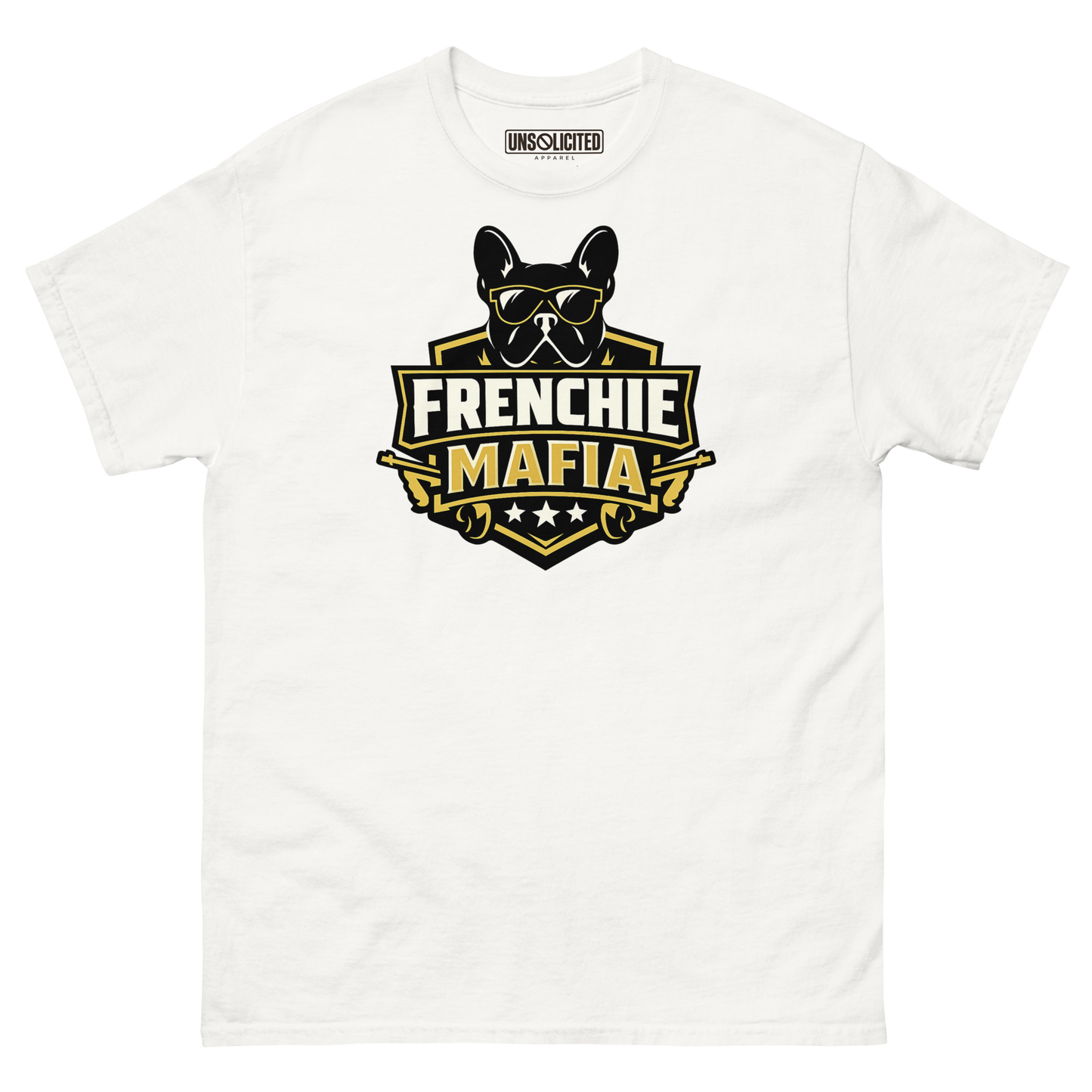 Frenchie Mafia funny French Bulldog shirt in White, front view