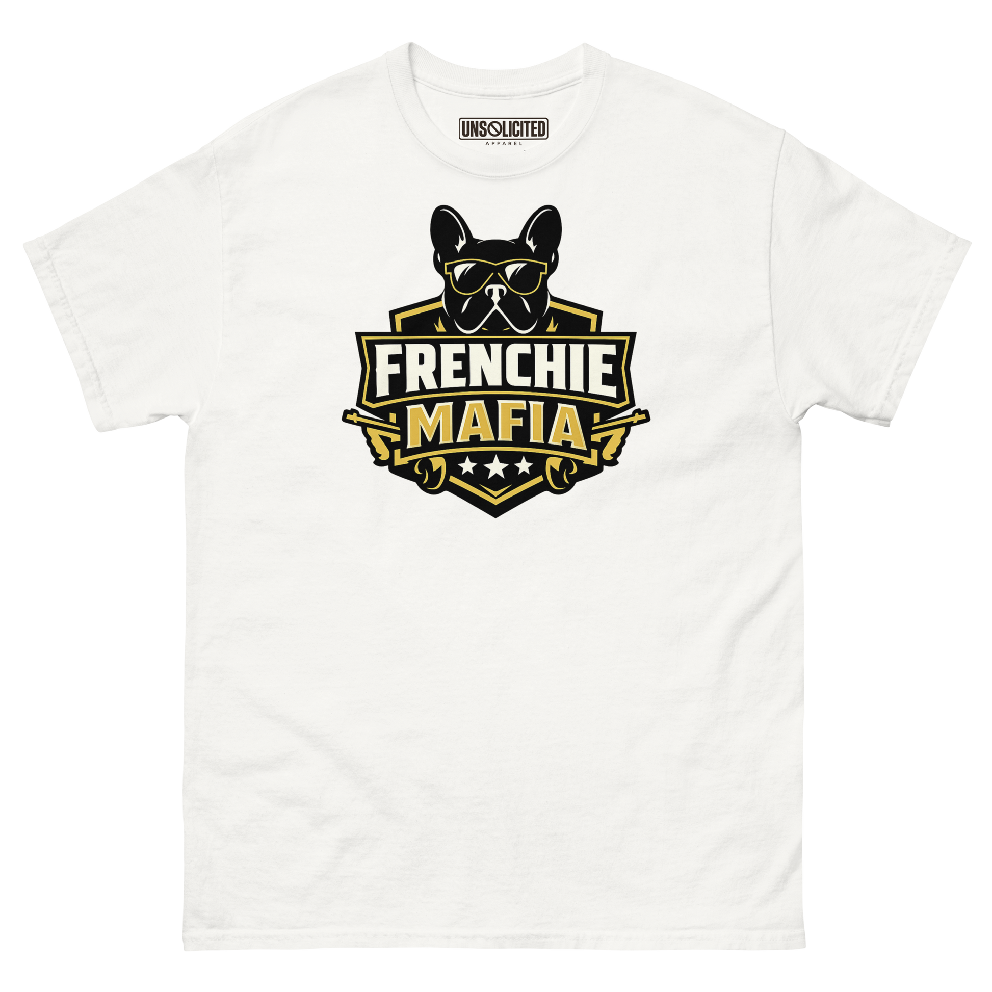 Frenchie Mafia funny French Bulldog shirt in White, front view