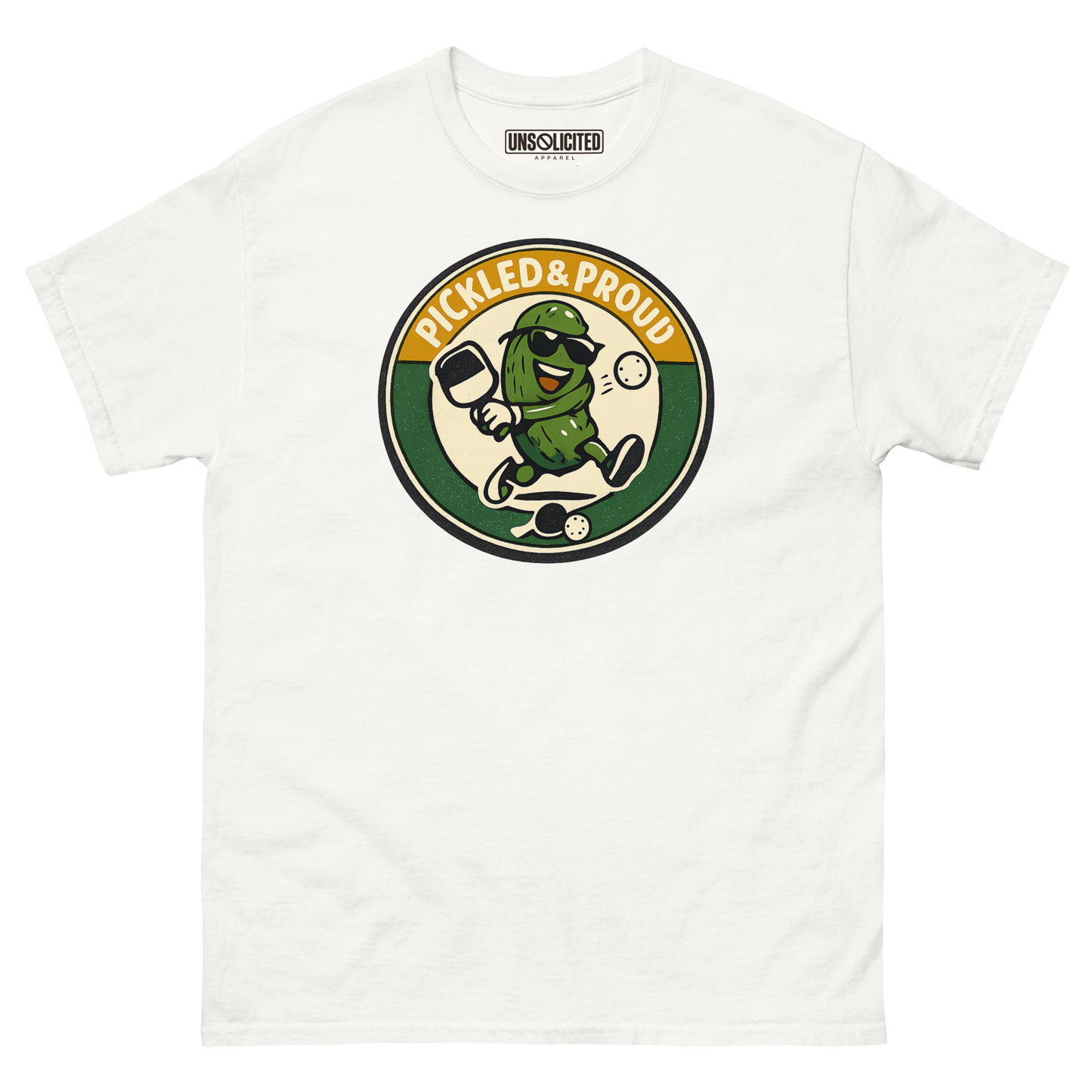 Pickled & Proud retro pickleball shirt in White, front view
