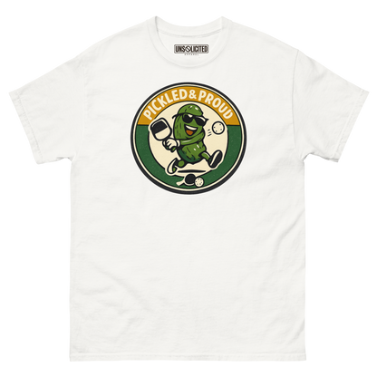 Pickled & Proud retro pickleball shirt in White, front view