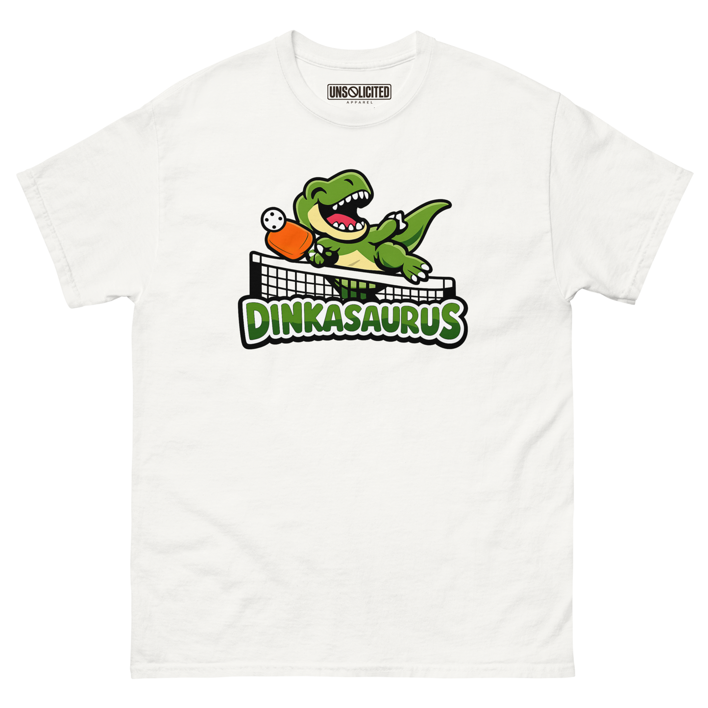 Dinkasaurus funny pickleball dinosaur shirt in White, front view