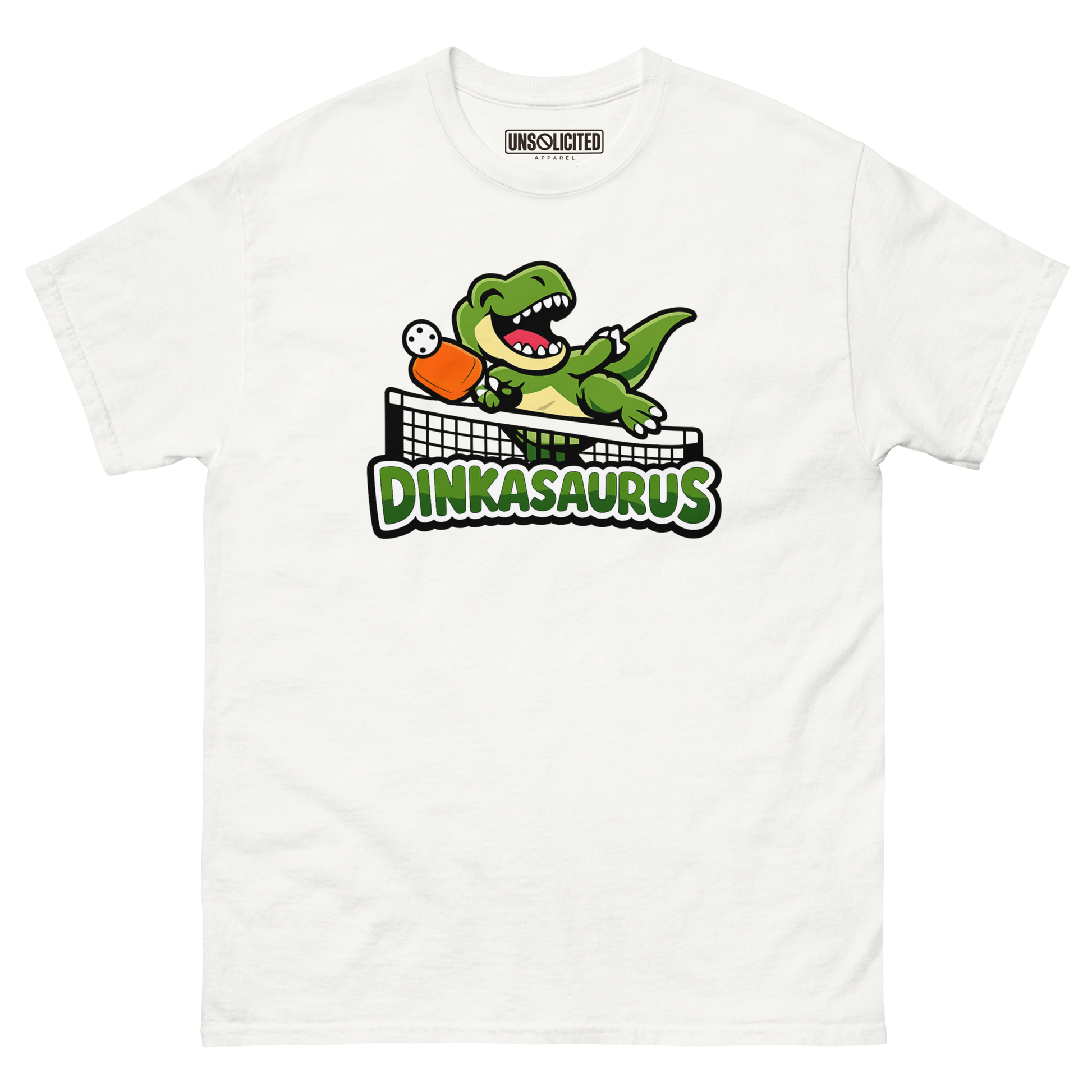 Dinkasaurus funny pickleball dinosaur shirt in White, front view