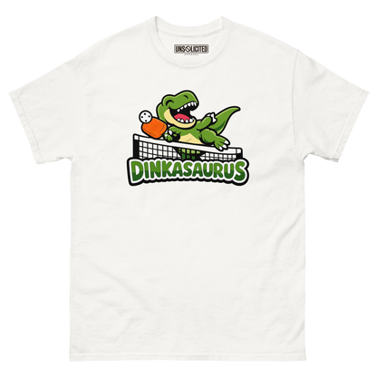 Dinkasaurus funny pickleball dinosaur shirt in White, front view