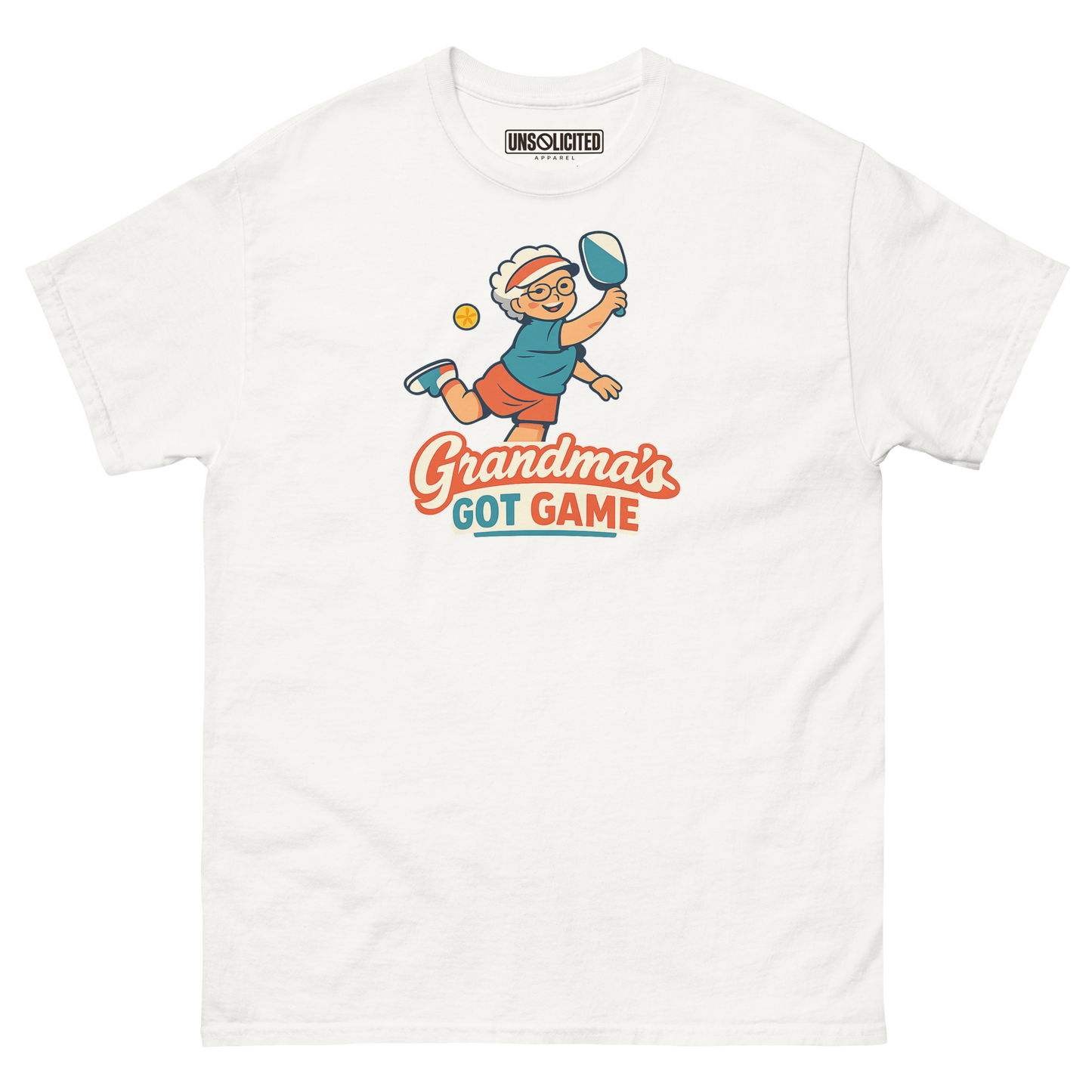 Grandma's Got Game funny pickleball shirt in White, front view
