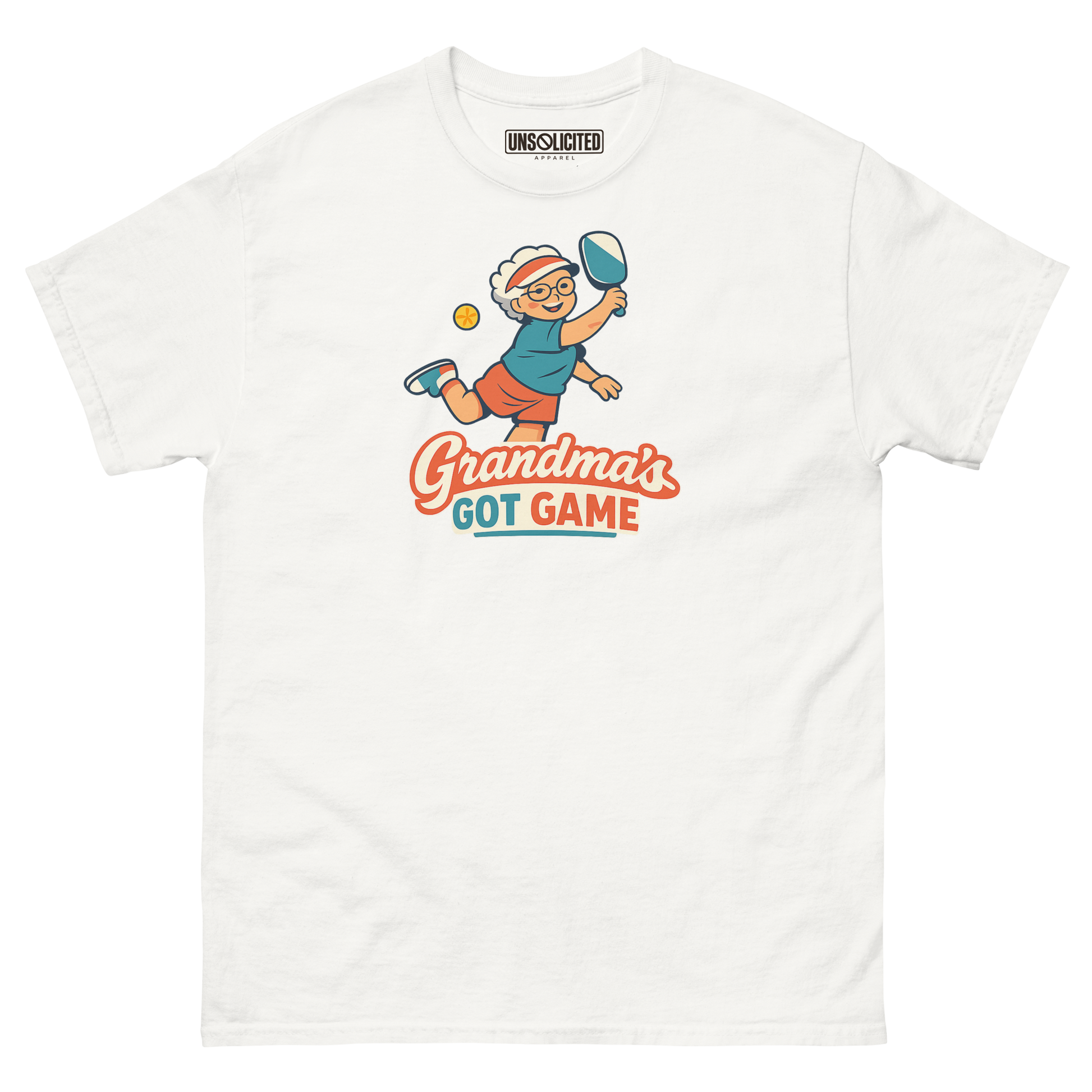 Grandma's Got Game funny pickleball shirt in White, front view