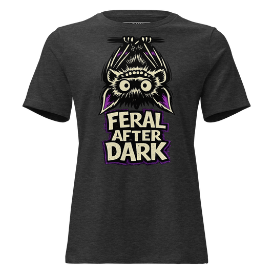 Feral After Dark bat Halloween women's relaxed tee in Dark Grey Heather