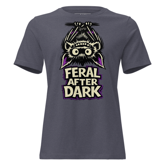 Feral After Dark bat Halloween women's relaxed tee in Heather Navy